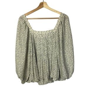 Zara Cream Spotted Polka Dot Balloon Billowy Sleeve Pleated Square Neck Blouse M
